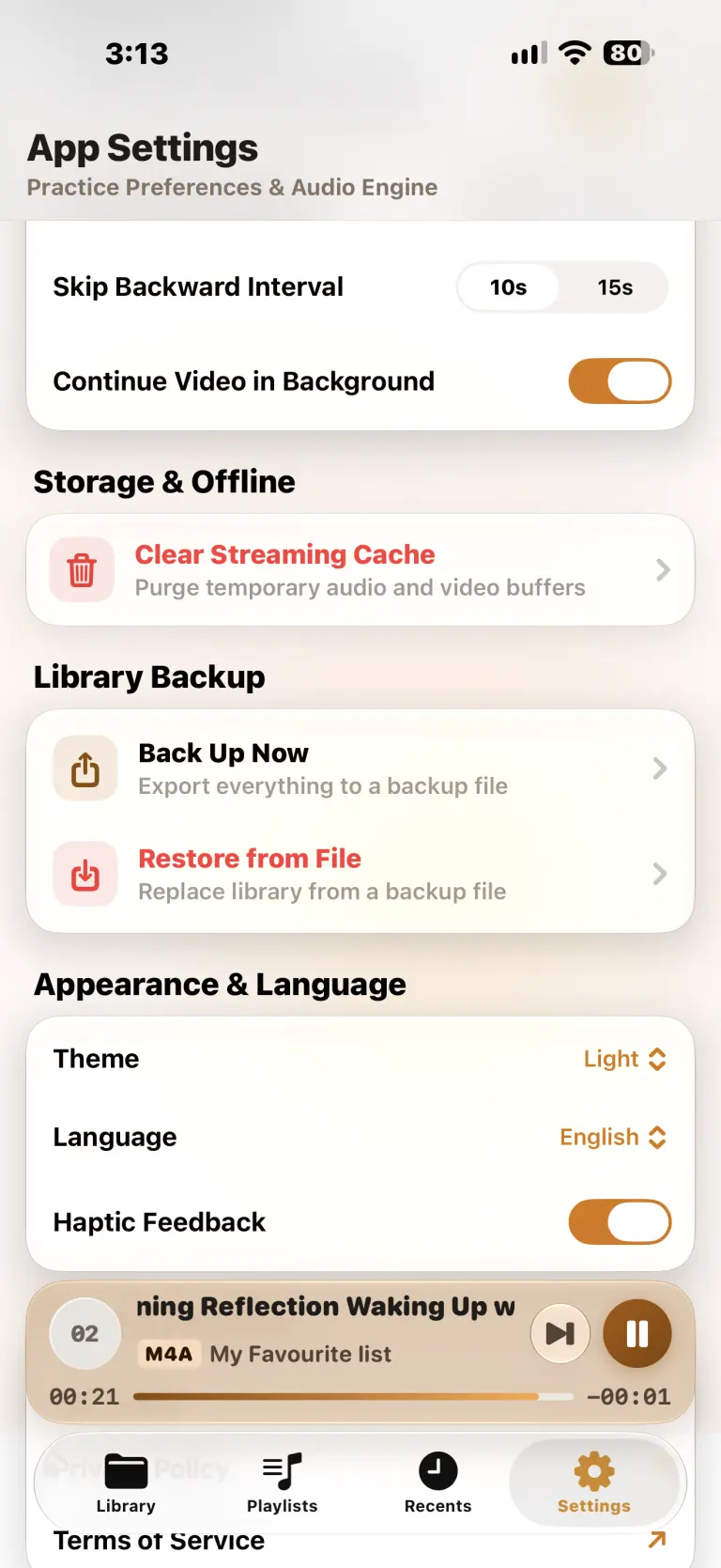 Sati Player settings and backup